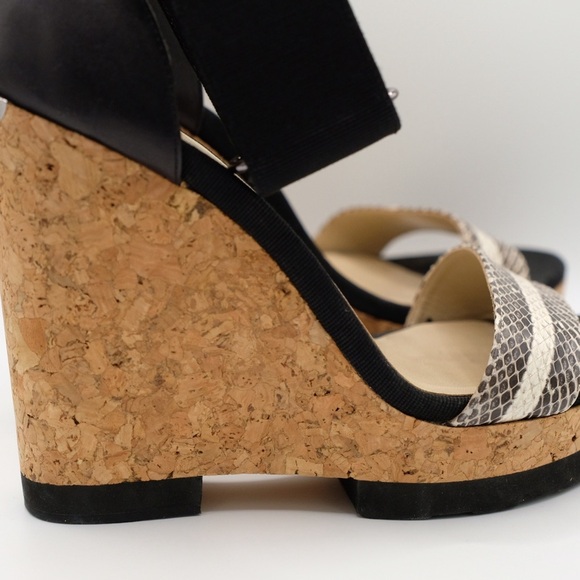 Jimmy Choo Neston Snake Cork Wedge Sandals 38.5 Black Snakeskin Leather - Picture 10 of 16